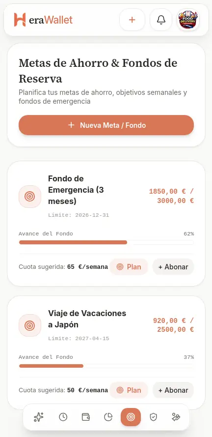 HeraWallet Savings Goals and Reserve Funds screen with the emergency fund at 62% and a trip to Japan at 37%.
