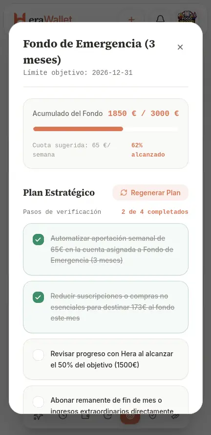 HeraWallet Emergency Fund detail with a four-step strategic plan you can check off, two steps already completed.