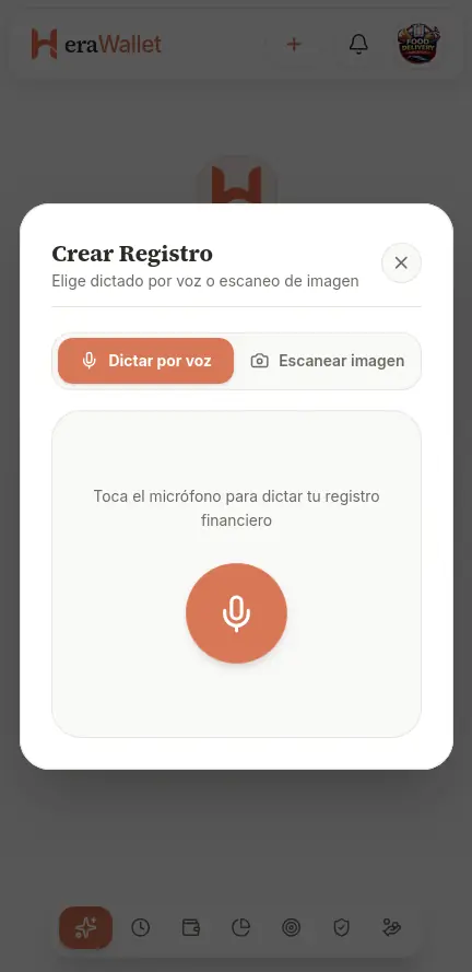 HeraWallet Create Entry window with the voice dictation tab active and a large microphone button.