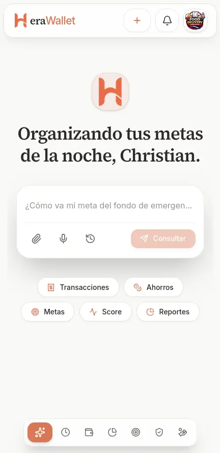 HeraWallet home screen: Hera greets the user by name and offers a field to ask a question, with shortcuts to Transactions, Savings, Goals, Score and Reports.