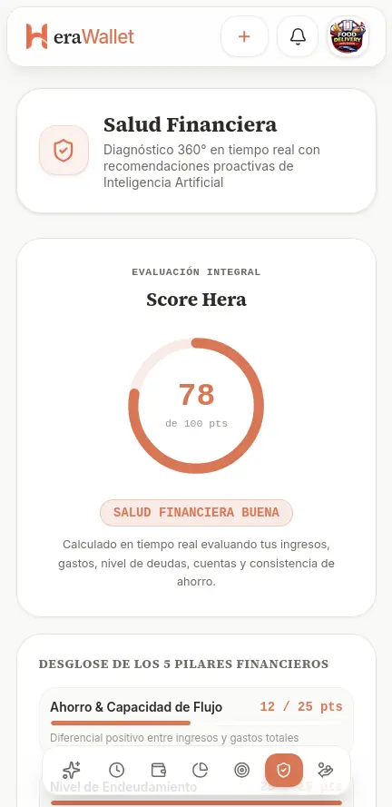 HeraWallet Financial Health screen with the Hera Score at 78 out of 100 and a breakdown of the five financial pillars.