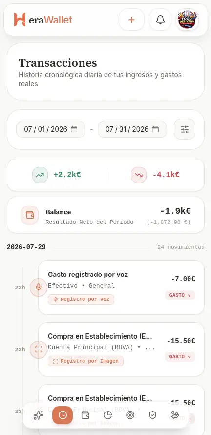 HeraWallet transaction list showing income, expenses, period balance and tags marking whether each entry came in by voice or by image.